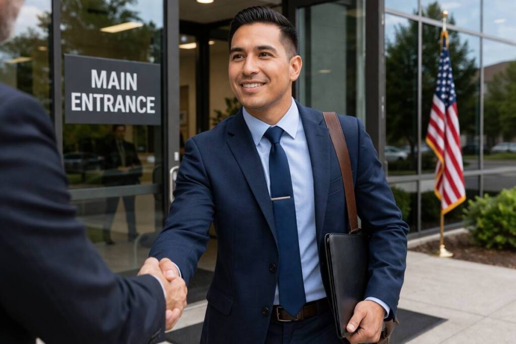 Veteran in business clothing preparing for a civilian job interview.