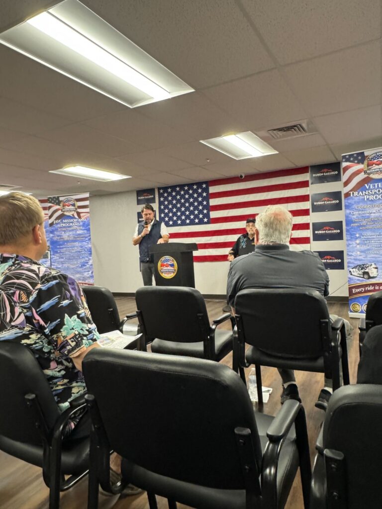 U.S. Senate challenge coin presented by Senator Ruben Gallego to E3 Project representative Mike Bailey at the Mohave County Veterans Town Hall.