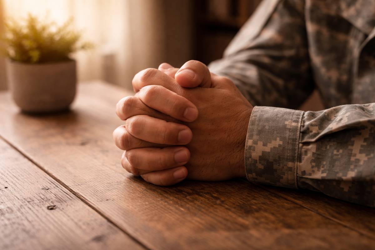 Veteran in prayer reflecting on healing from military anger.