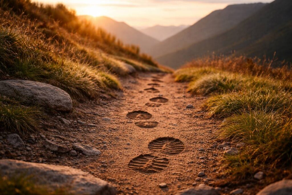 Footprints on a mountain trail representing a veteran’s journey forward.