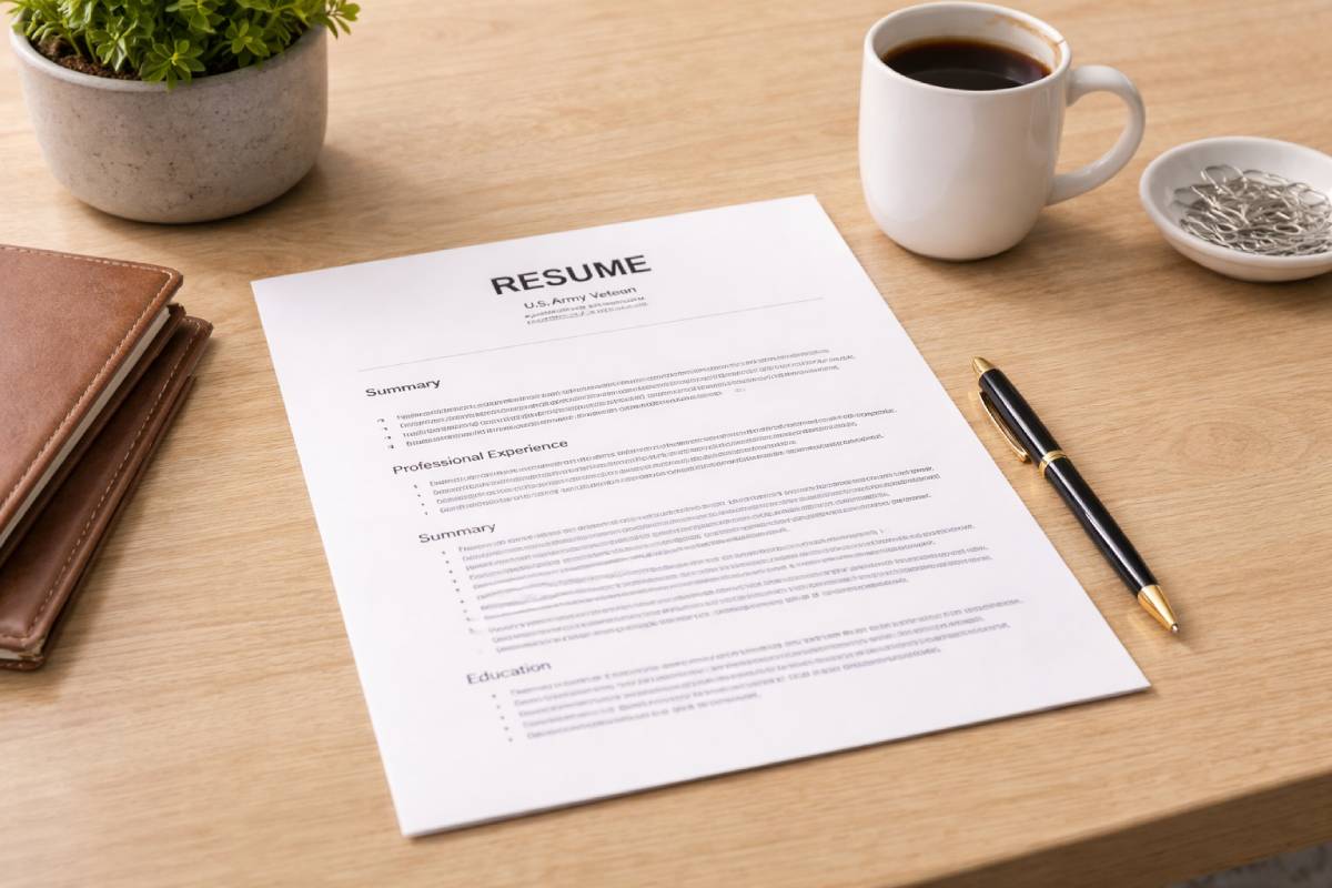 Organized desk with a veteran resume ready for review.