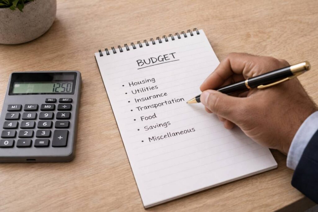 Veteran creating a personal budget with pen and calculator.