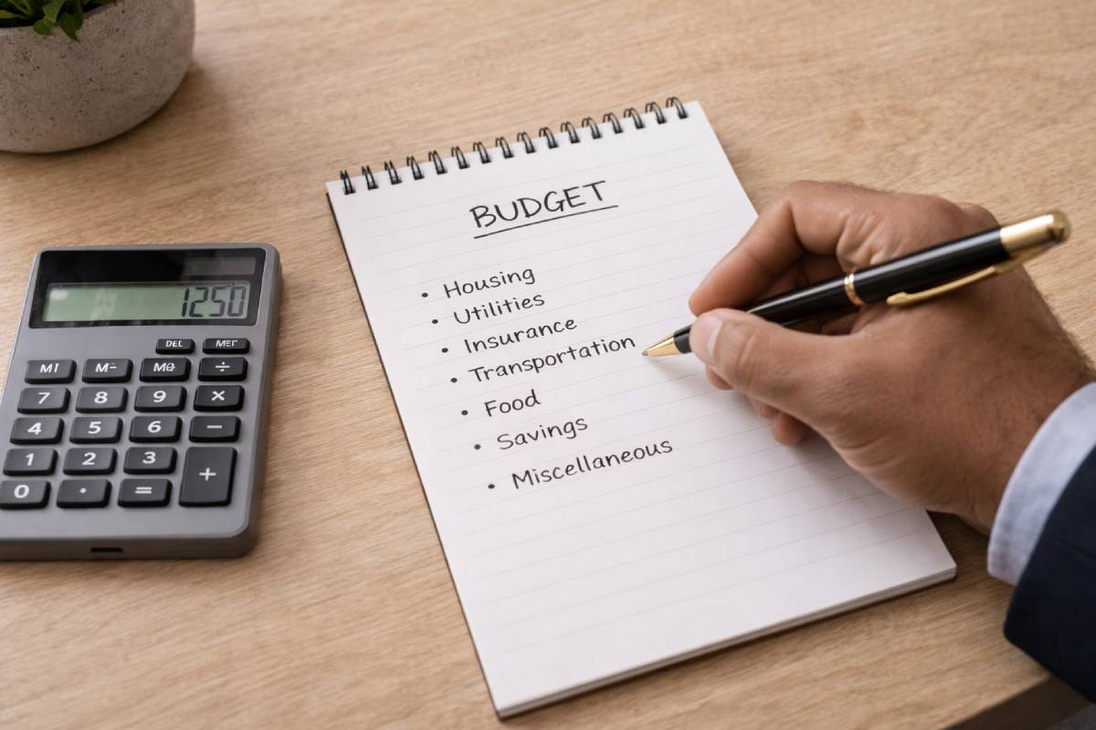 Veteran creating a personal budget with pen and calculator.