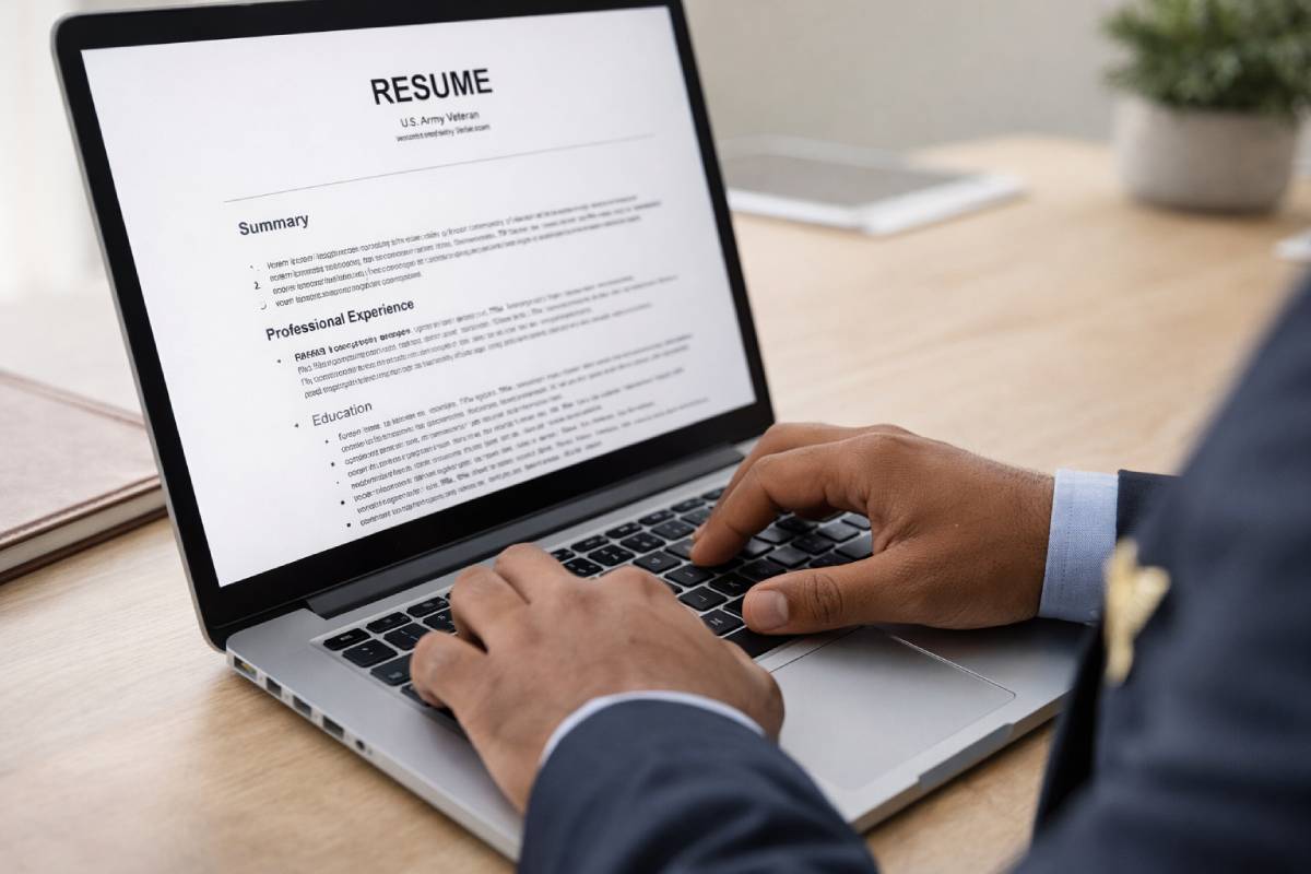 Veteran writing a resume for civilian employment on a laptop.